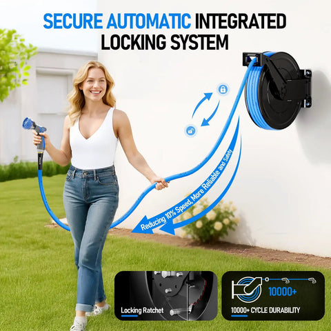 Woman using Retractable Hose Reel Kit 50 Ft Heavy Duty Metal Wall Mount With Hot And Cold Garden Water Hose Five Eighths Inch