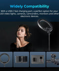 Model with ring light and electronic devices supported by 10500mAh NP-F970 Replacement Battery With PD 36W Fast Charging For Sony A7 IV A7V FX3 FX30 Canon R5 Mark II R6 R5 R5 C R6 Nikon Z8 ZR Pro Grade Power For LED Lights And Monitors 3.5H Full Charge