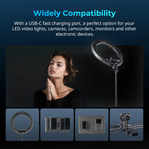 Model with ring light and electronic devices supported by 10500mAh NP-F970 Replacement Battery With PD 36W Fast Charging For Sony A7 IV A7V FX3 FX30 Canon R5 Mark II R6 R5 R5 C R6 Nikon Z8 ZR Pro Grade Power For LED Lights And Monitors 3.5H Full Charge