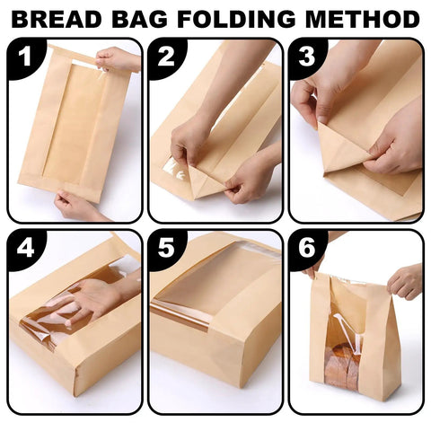 Step-by-step guide on folding 45 Pack Thick Sourdough Bread Bags With Tin Tie Tabs And Clear Window For Keeping Big Loaves Fresh, Sized 13.7 By 8.2 By 3.5 Inches, Includes 48 Self Adhesive Stickers For Easy Bakery Labeling.