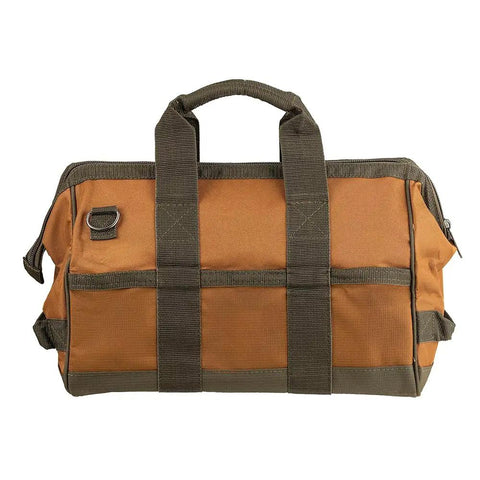Gatemouth 16 Pocket Tool Bag With Wide Zippered Opening 15 Liter Capacity Brown Heavy Duty Tool Organizer resting on its base.