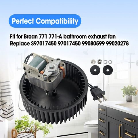 Upgraded Motor Assembly With Blower Wheel Replacement For 771 And 771-A Bathroom Exhaust Fans Fit S97017450 97017450 99080599 99020278 120V 60Hz 3000 RPM 70 CFM CCW Easy Install Durable Replacement Part