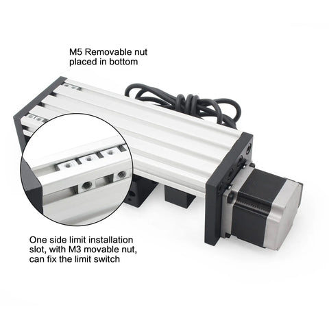 400mm 15.75 Inch Linear Motion Guide Actuator with dual linear rails, 1605 ballscrew, NEMA23 stepper motor, close-up view.