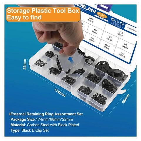 Black Carbon Steel E Clip Assortment Kit With 395 Or 810 Pieces M1.2 To M15 External Retaining Clips in clear box