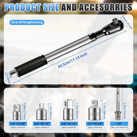 Offset Extension Wrench For Drill, One Half Drive Impact Wrench Extender With Three Eighths And One Quarter Inch Adapters