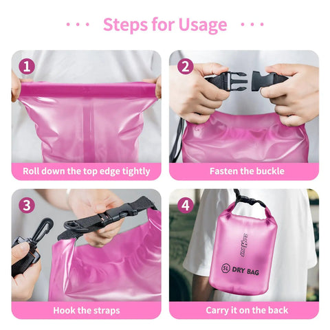 Steps for usage of Waterproof Roll Top Dry Bag Set 2L 5L 10L 20L For Travel And Adventure Kayaking Camping Fishing And Rainy Day Trips.
