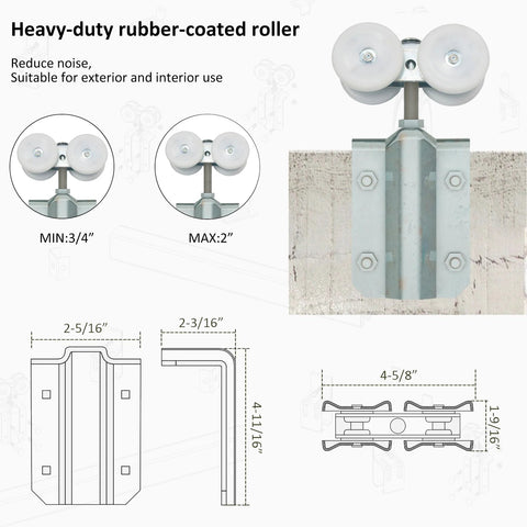 Heavy Duty Box Track Hanger With Bracket Kit for Exterior Sliding Barn Doors with rubber-coated roller, fits 1-3/8 to 2 inch doors.