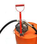This Heavy Duty Double Diaphragm Hand Fuel Transfer Pump Delivers Quick Eight Hundred Ml Strokes And Includes An Eight Foot Anti Static Hose on an orange drum.