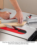 Universal Fit In Dexable Miter Gauge For Table Saw With Micro Adjust Flip Stop and Extended Fence in use on a table saw.