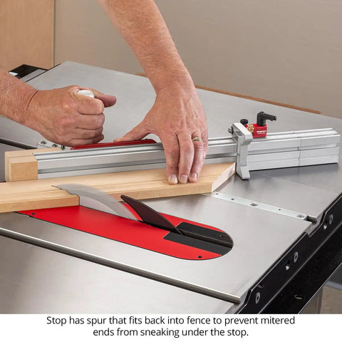 Universal Fit In Dexable Miter Gauge For Table Saw With Micro Adjust Flip Stop and Extended Fence in use on a table saw.