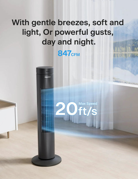 30 Inch Oscillating Tower Fan For Bedroom With Remote Control Quiet 3 Speed Settings ETL Certified Black 7 Hour Timer in room