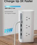 Must Have Boss Level Compact Power Tower Surge Protector With USB Ports And Five Foot Extension Cord, USB C port highlighted