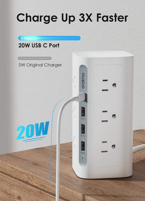 Must Have Boss Level Compact Power Tower Surge Protector With USB Ports And Five Foot Extension Cord, USB C port highlighted