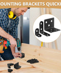 Heavy Duty L Brackets For Shelves 107 Piece Value Set with multiple sizes and screws displayed with man fixing wooden shelf