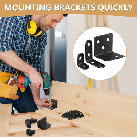 Heavy Duty L Brackets For Shelves 107 Piece Value Set with multiple sizes and screws displayed with man fixing wooden shelf