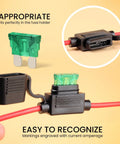 Road Ready Inline Fuse Holder Kit With 14 Gauge 2A To 40A ATC ATO Blade Fuses 5 Pack Includes 55 Car Fuses For Automotive Electrical Protection And Easy Install Today showing close-up of fuse holder and fuse.