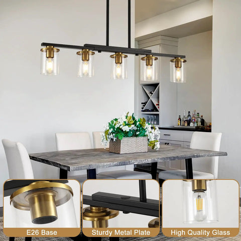Top Notch Five Light Dining Room Fixture Featuring Clear Glass Shades, black gold metal, and E26 base above a table.