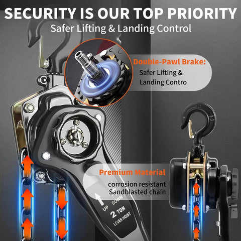 Manual Lever Chain Hoist 2 Ton Come Along 4400 Lbs Capacity 10 Ft Long Reach Galvanized G80 Carbon Steel with double pawl brake