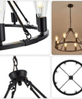 Black Farmhouse Wagon Wheel Chandelier With 8-Light 23.6 Inch Vintage Industrial Round Pendant Ceiling Light Fixture close-up