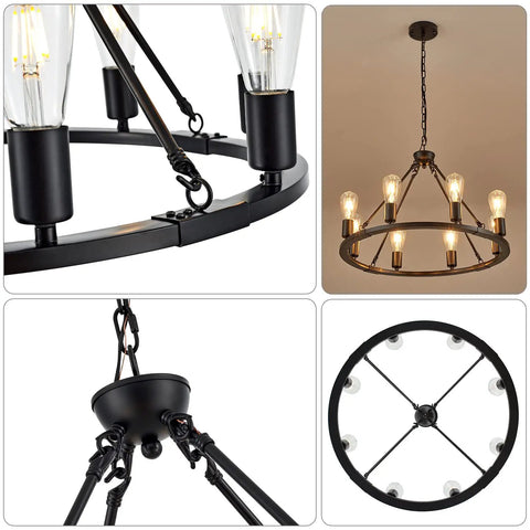 Black Farmhouse Wagon Wheel Chandelier With 8-Light 23.6 Inch Vintage Industrial Round Pendant Ceiling Light Fixture close-up