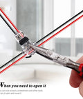 Using pliers to open a 48 Pack Low Voltage 2 Pin 2 Way Wire Connector For DIY Wiring Projects, clear housing, indoors.