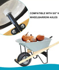 Hardcore Heavy Duty Wheelbarrow Axle Bracket Kit With Solid Five Eighth Inch Shaft And Bulletproof Steel Brackets Pom Gaskets Plus Complete Bolt And Nut Set For Stress Free Yard Work, featuring a close-up of the axle and wheelbarrow loaded with pumpkins.