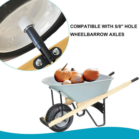 Hardcore Heavy Duty Wheelbarrow Axle Bracket Kit With Solid Five Eighth Inch Shaft And Bulletproof Steel Brackets Pom Gaskets Plus Complete Bolt And Nut Set For Stress Free Yard Work, featuring a close-up of the axle and wheelbarrow loaded with pumpkins.