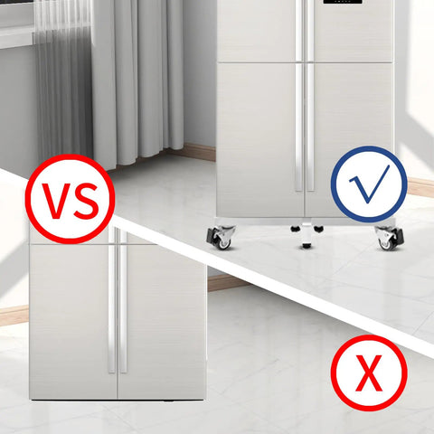 Comparison of refrigerator on floor vs. on Beefy Heavy-Duty All Steel Fridge Stand With Wheels Mobile Base