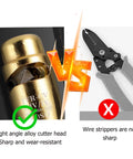 Built Tough Electric Wire Stripper Drill Attachment With Sharp Tungsten Blade, No Sweat Cable Crimper image comparison of alloy cutter vs wire strippers.
