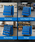 Badass Heavy Duty Five Drawer Rolling Tool Chest With Top Shelf Lock And Ridiculously Smooth Wheels For Hella Secure Garage Storage And Pro Shop Organization Built Tough In Blue, shown in workshop, auto repair shop, barbershop, and garage settings.