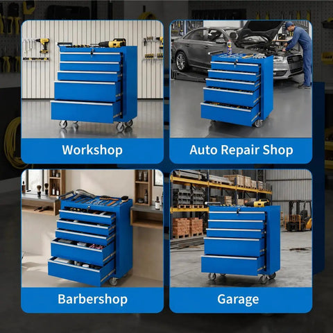 Badass Heavy Duty Five Drawer Rolling Tool Chest With Top Shelf Lock And Ridiculously Smooth Wheels For Hella Secure Garage Storage And Pro Shop Organization Built Tough In Blue, shown in workshop, auto repair shop, barbershop, and garage settings.