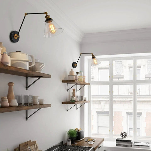 Black And Gold Glass Swing Arm Wall Sconce, Adjustable Plug In Or Hardwired Wall Lamp, Dope Steel Frame, Modern Industrial Wall Light Fixture For Living Room, Bedroom, Hallway, And Den