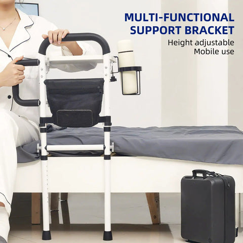 Adjustable Bedside Rail With Storage Pocket For Seniors And Adults Sturdy Steel Bed Rail shown on a bed