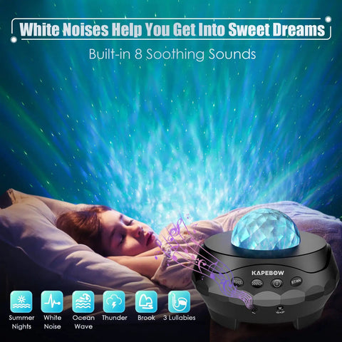 Person sleeping with Galaxy Star Projector Light, emitting blue lights and white noise; image shows Bluetooth speaker and controls