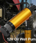 No Fuss 12V Submersible Transfer Pump For Water Diesel Oil With Built In Filter, gold metal design with mesh guard.