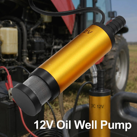 No Fuss 12V Submersible Transfer Pump For Water Diesel Oil With Built In Filter, gold metal design with mesh guard.