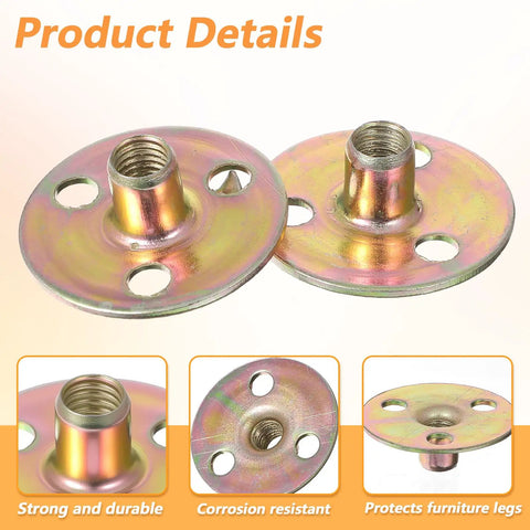 Solid As A Rock Furniture Leg Mounting Plates 4 Pack Fixes Wobbly Sofa Chair And Cabinet Feet No Sweat Diy Repair Kit With All Necessary Screws Included close-up of two steel mounting plates with threaded inserts.