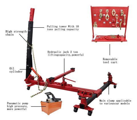 Beefy Pro Grade Auto Body Frame Puller And Straightener Kit with hydraulic jack, tool cart, and pulling tower displayed.