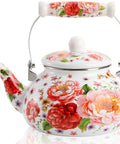 Enamel Steel Tea Kettle Stovetop 2.6 Quart Large Porcelain Enameled Teakettle 2.5L Colorful Floral Design With Ceramic Cool Handle No Whistle Retro Kitchen Decor For Hot Water
