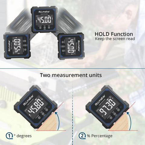 Pro Grade Digital Angle Finder With Laser Magnetic Box Level displaying 45 degrees and percentage on backlit display