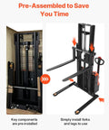 VEVOR Full Electric Pallet Stacker Forklift Hauling 3,300 Lbs With A Mighty 98.4 Inch Lift Height For Warehouses showing pre-assembled parts.