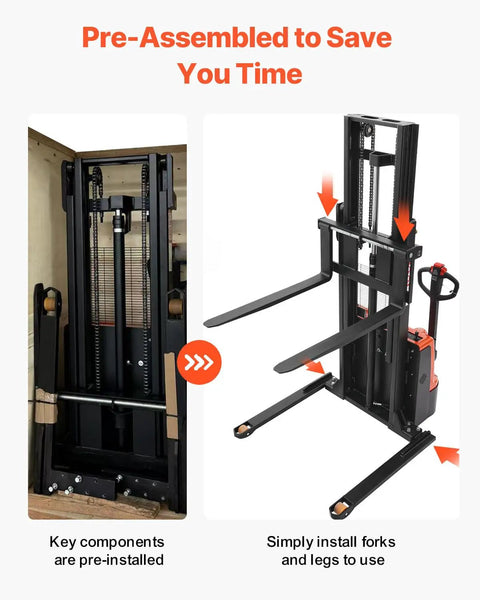 VEVOR Full Electric Pallet Stacker Forklift Hauling 3,300 Lbs With A Mighty 98.4 Inch Lift Height For Warehouses showing pre-assembled parts.