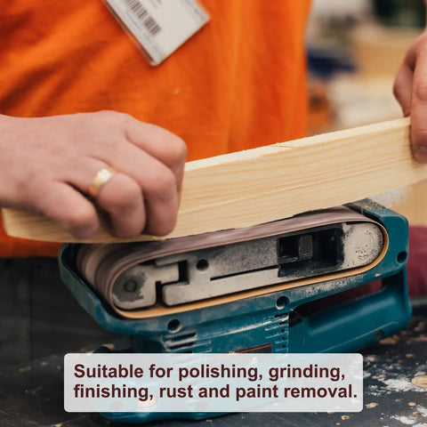 Heavy Duty Sanding Belts 6X89 Inches One Twenty Grit Aluminum Oxide Abrasive Paper for Belt Sanders in use on wood.