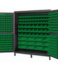 Heavy Duty Jumbo Gray Storage Cabinet Paired With 264 Maxed Out Green Sorting Bins, spacious interior with organized drawers.