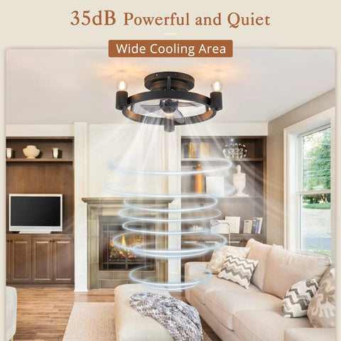Black Ceiling Fan With Lights And Remote Small Low Profile Flush Mount Ceiling Fan For Bedroom Kitchen And Home Dope Farmhouse Modern Industrial Style Quiet Dimmable Easy Install shown in living room with air flow illustration