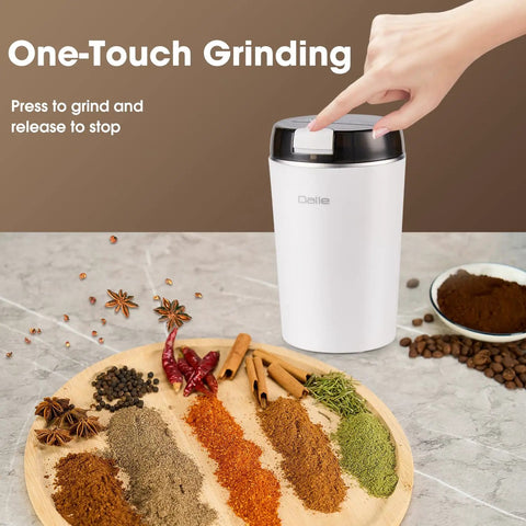 Mini Coffee Grinder 200W 28000RPM Stainless Steel Electric Powder Grinder with spices, coffee beans, and hand on button