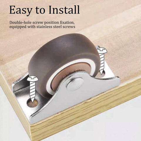 Slick Low Profile 1 Inch Fixed Caster Wheels Non Marking Rubber Sliders With Heavy Duty Steel Plates For Hassle Free Furniture Sliding Smooth Glide Zero Drama Setup Eight Pack mounted on wood with stainless steel screws.