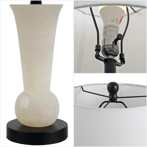 23 Inch Natural Alabaster Table Lamp With Crystal Base Sleek Modern Nightstand Light Featuring White Linen Shade Brass Gold Accents LED Bulb Included detail
