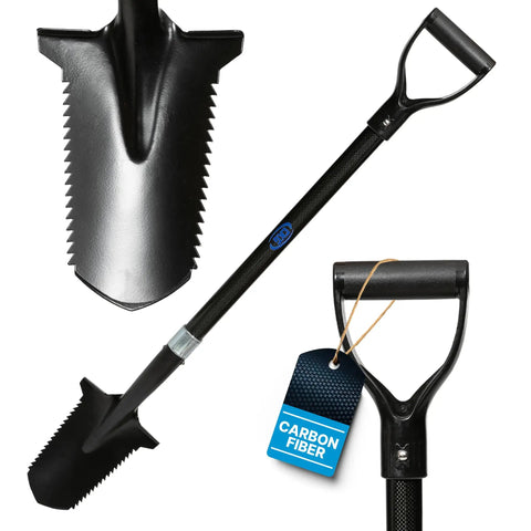 Lightweight Carbon Steel Metal Detecting Shovel with Double Serrated Blade for Treasure Hunting and Garden Digging, Carbon Black