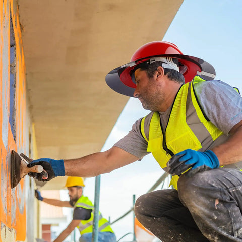 Worker installing wall with Hard Hat Sun Shade Visor For Outdoor Work, V Gard Full Brim Compatible Hardhat Attachment in use